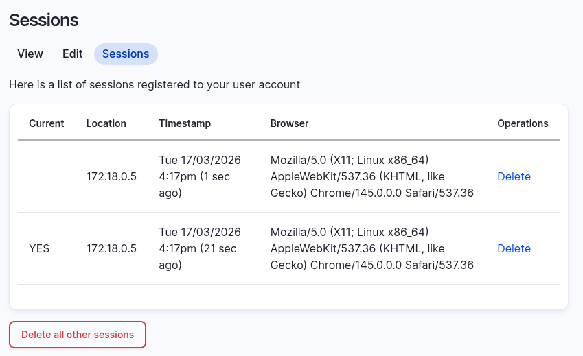 User session management inside a LocalGov Drupal site. This shows that the current user has two sessions opened.