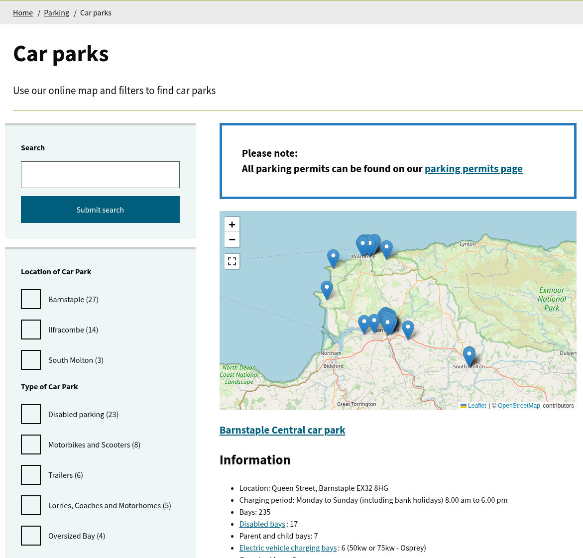 The LocalGov Drupal directories system, showing the available car parks in the North Devon area.