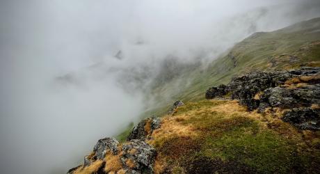 Moody, cloudy view from Calf Crag in the Lake District.
