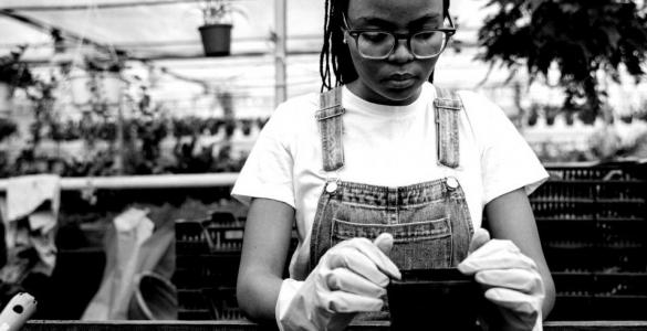 A woman tending to potted plants