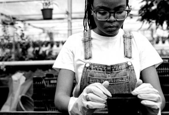 A woman tending to potted plants